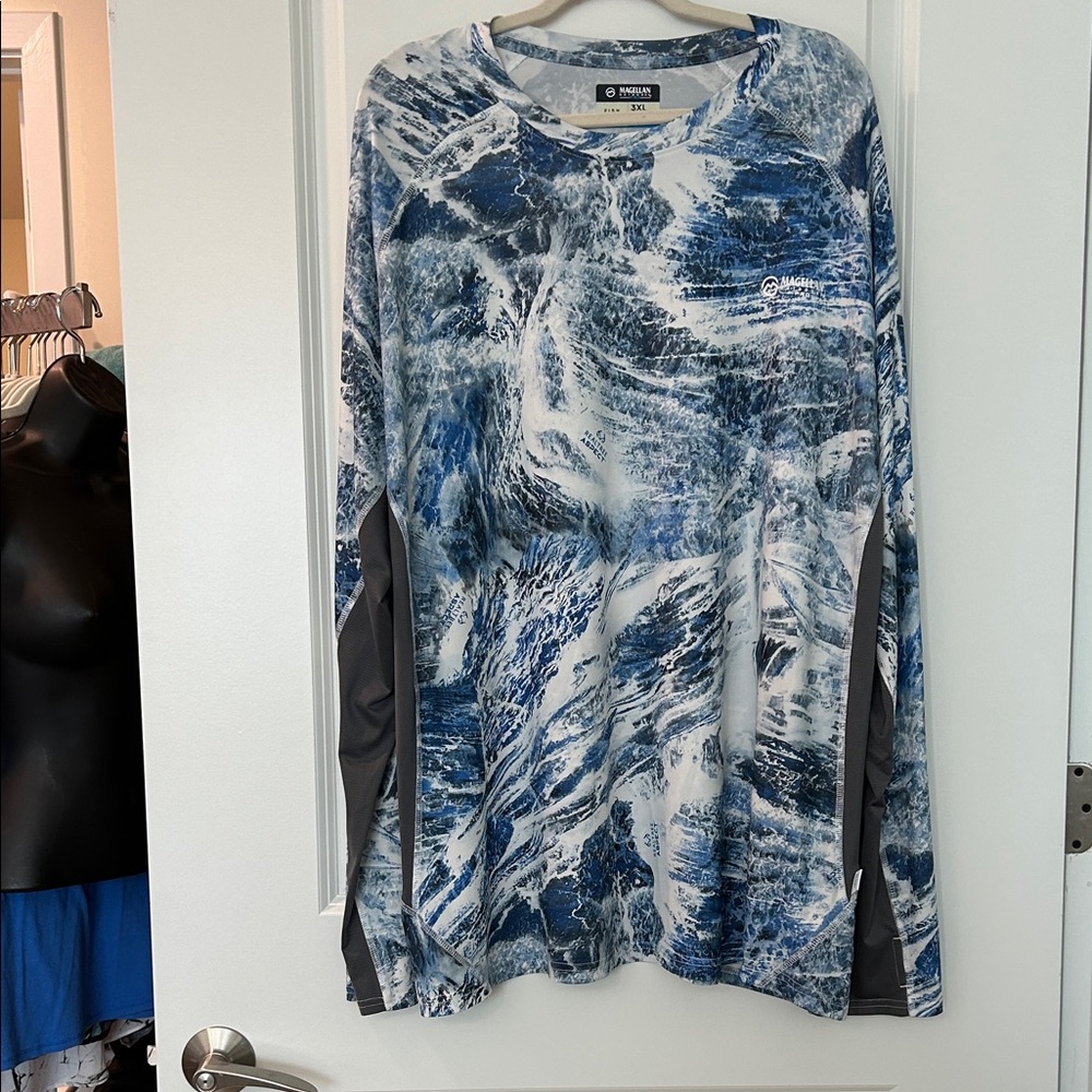 MAGELLAN Blue and Gray Patterned Long Sleeve Shirt